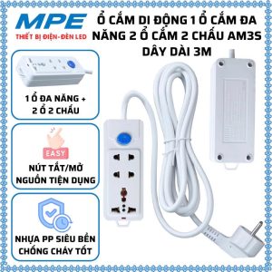 Ổ CẮM ĐIỆN 1 LỔ ĐA NĂNG,2 LỔ 2 CHẤU, NÚT TẮT MỞ NGUỒN, DÂY DÀI 3 MÉT  ( HÃNG MPE)_101334